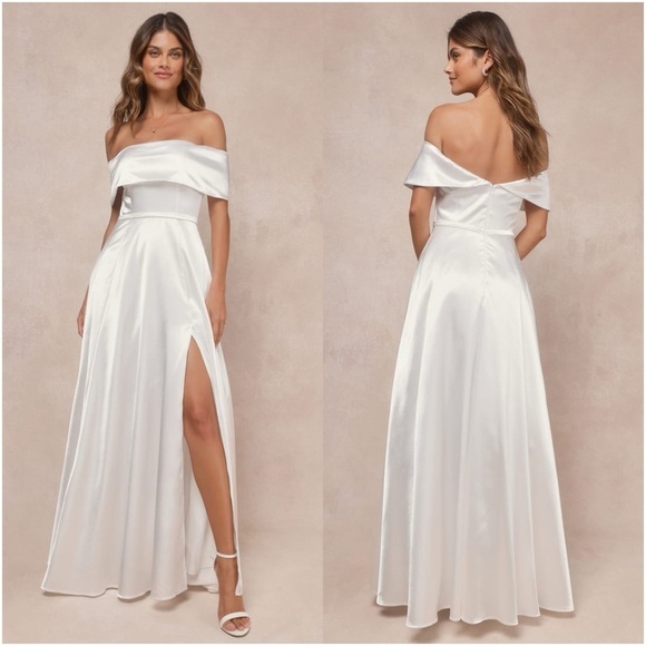 LULU’S Greatest Hits White Satin Off The Shoulder Maxi Dress - Picture 1 of 6